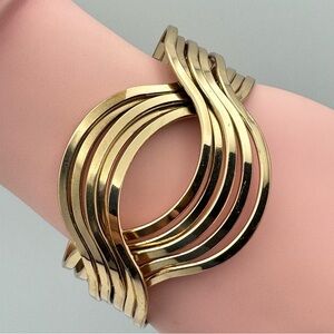 Gold Tone Multi-Band Wave Cuff Bracelet Statement Modern Design